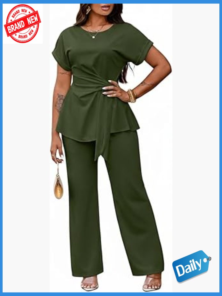 Short Sleeve Peplum Top Flared Pant 2 Piece Pantsuit Set Dressy Work Wear